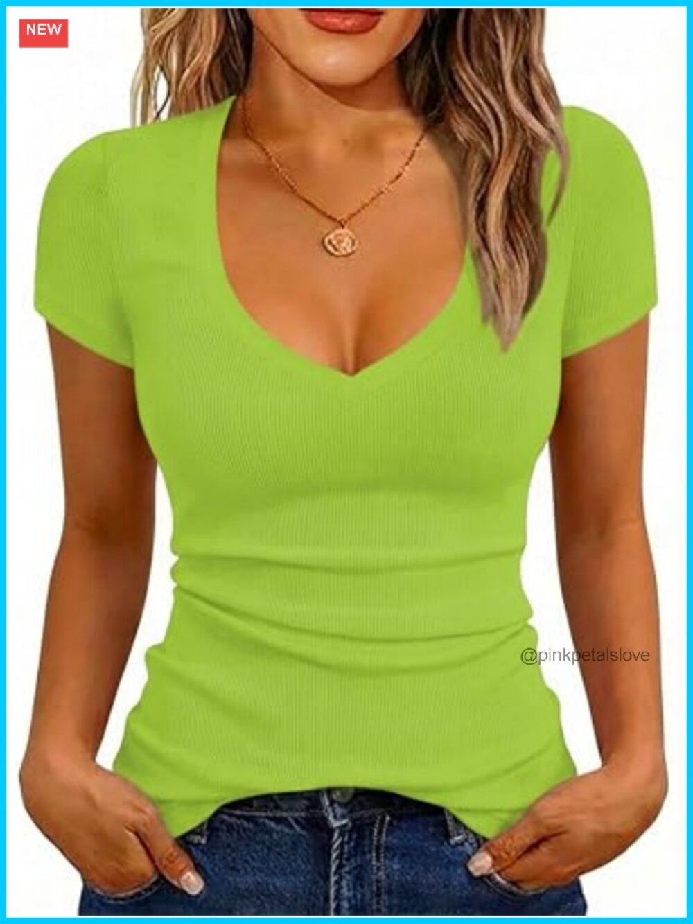 Women's Ribbed Knit Cap Sleeve V-Neck Slim Fit T-Shirt Casual Summer Top